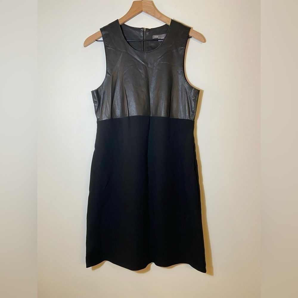 ViNCE leather and silk Mini dress little black dress LBD size 10 Sleeveless